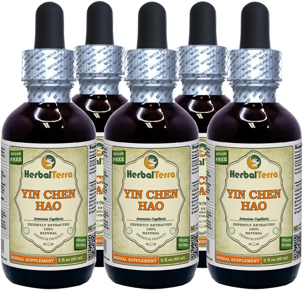 Yin Chen Hao (Artemisia Capillaris) tinktura, Organic Sured Herb Liquid Extract (Značka: HerbalTerra, Proudly Made in USA) 5x2 fl.oz (5x60 ml)
