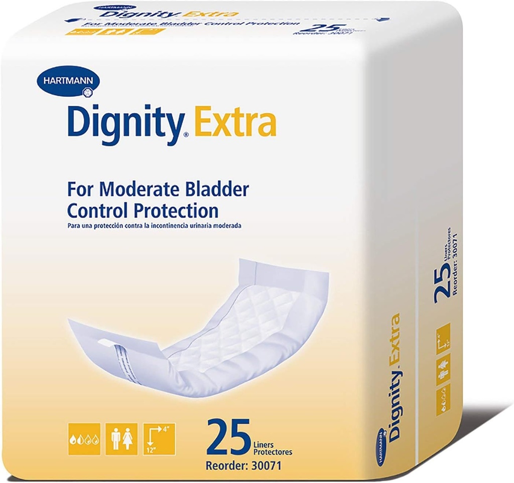 Dignity Extra Inkontinence Liner pro muže a ženy - močová měchýř Leak Pads, střední absorbence - Jedna velikost sedí nejvíce, 4 v x 12 in, 25 Počet, 1 balení