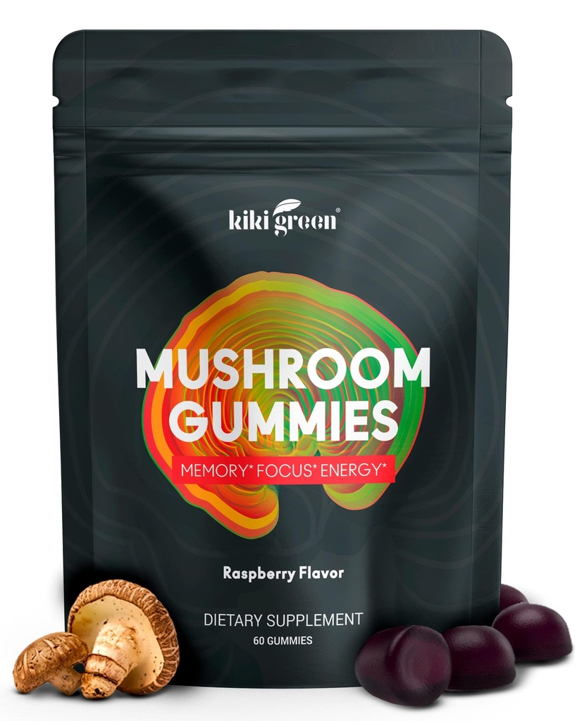 KIKI Zelené houbové gumy s Lví hřívou a 9 Adaptogen Superfoods Blend - Chaga, Red Reishi, Cordyceps, Shiitake, Black Fungus Côte 124; 60 Počet, 10: 1 Extract