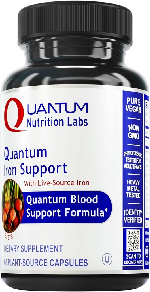 Quantum Nutrition Labs Iron Support - Železný doplněk pro ženy a muže, Veganské doplňky, Nízká dávka Jemné železo, Přirozeně sourced na podporu zdravé krve - 60 Vegetariánské kapsle