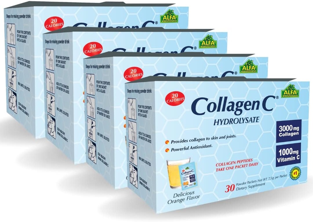 ALFA VITAMINS Kolagen C Peptidy Hydrolyzát Prášek dodatek, Vitamin C 1000mg, Lepek Volný Hydrolyzovaný kolagen pro pleť, vlasy, hřebíky, kloubní a kostní podpora, Antioxidant, 30 Sachets per Box, 4 Pack