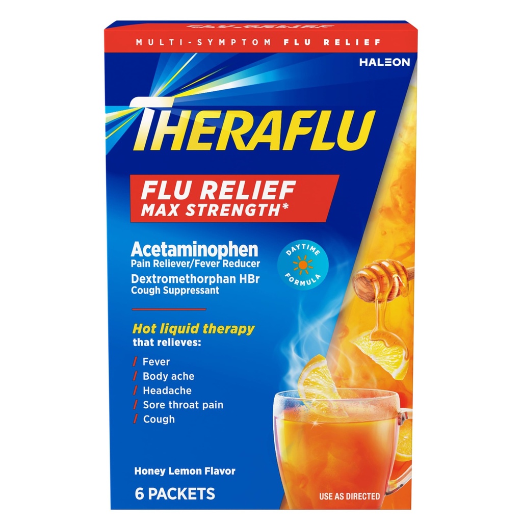 Theraflu Max Strength Daytime Flu Medicine for Flu Symptom Relief with Acetaminophen and Dextromethorphan HBr, Honey Lemon Ochucené - 6 Powder Packets