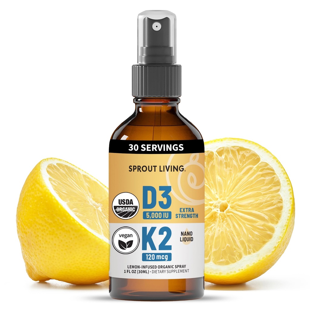 Organický vitamin D3 5000 IU (Lichen) + K2 120 mcg (fermentovaný chickpea), imunitní, kostní a srdeční zdraví s kalcium Absorpce 124; Stopy Minerály, Lemon & Citrus, Sugar Free, Spray (1 FL OZ, 30 Servings)