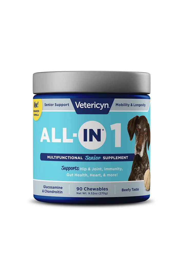 Vetericyn All- in 1 Multifunkční Senior Dog Dodatek 124; Digestive Enzymy + Glucosamine Chondroitin pro Hip a Joint Support + Vitaminy, Antioxidanty, Prebiotika, Probiotika, a Omegas. 90 Počet