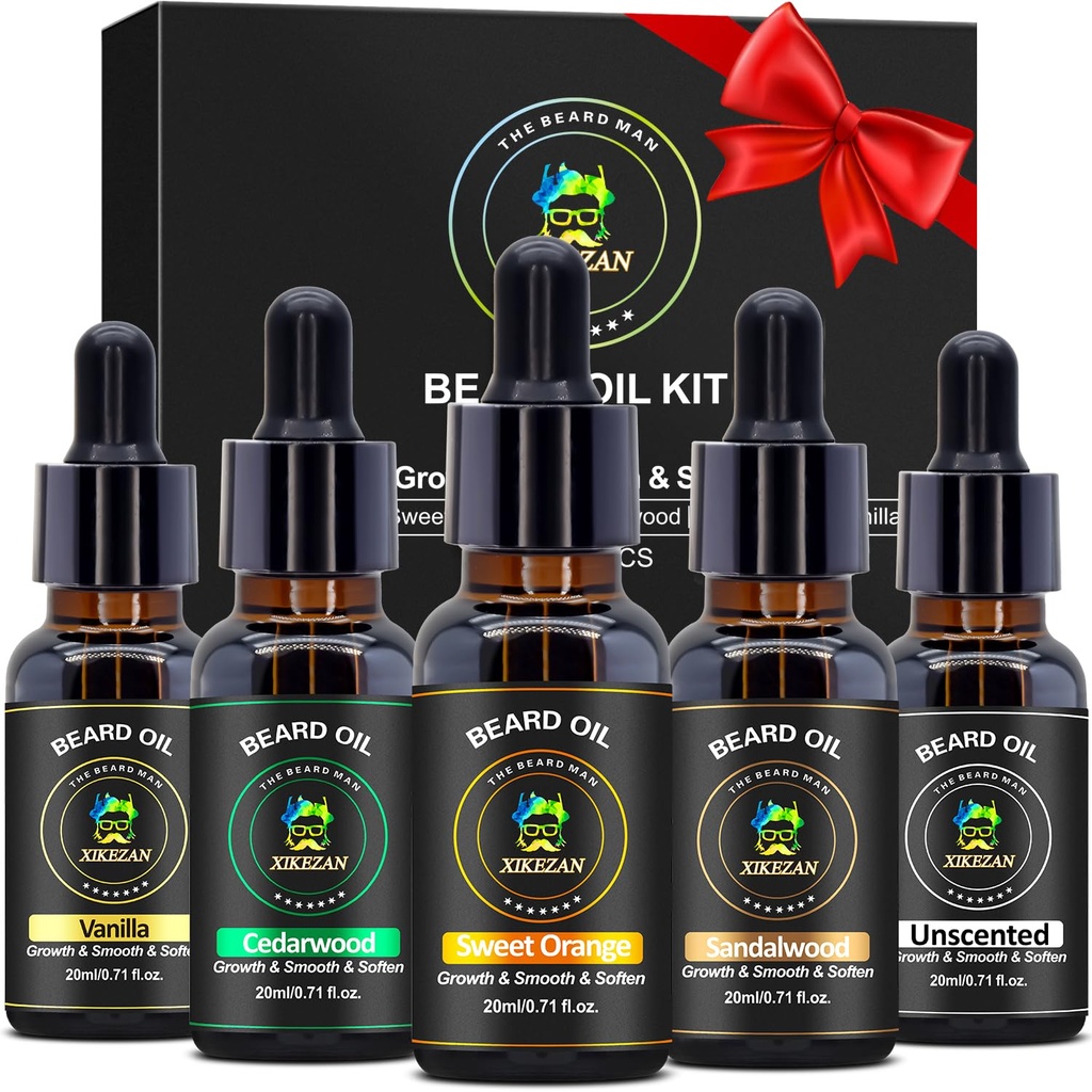 XIKEZAN 5 Pack Beard Oil Set w / Sandalwood, Orange, Vanilla, Cedarwood, Neparfémovaný pro Beard Care, Moisturizing, Soften, Narozeninové dárky pro muže ho táta vánoční dárky Stocking Stuffers