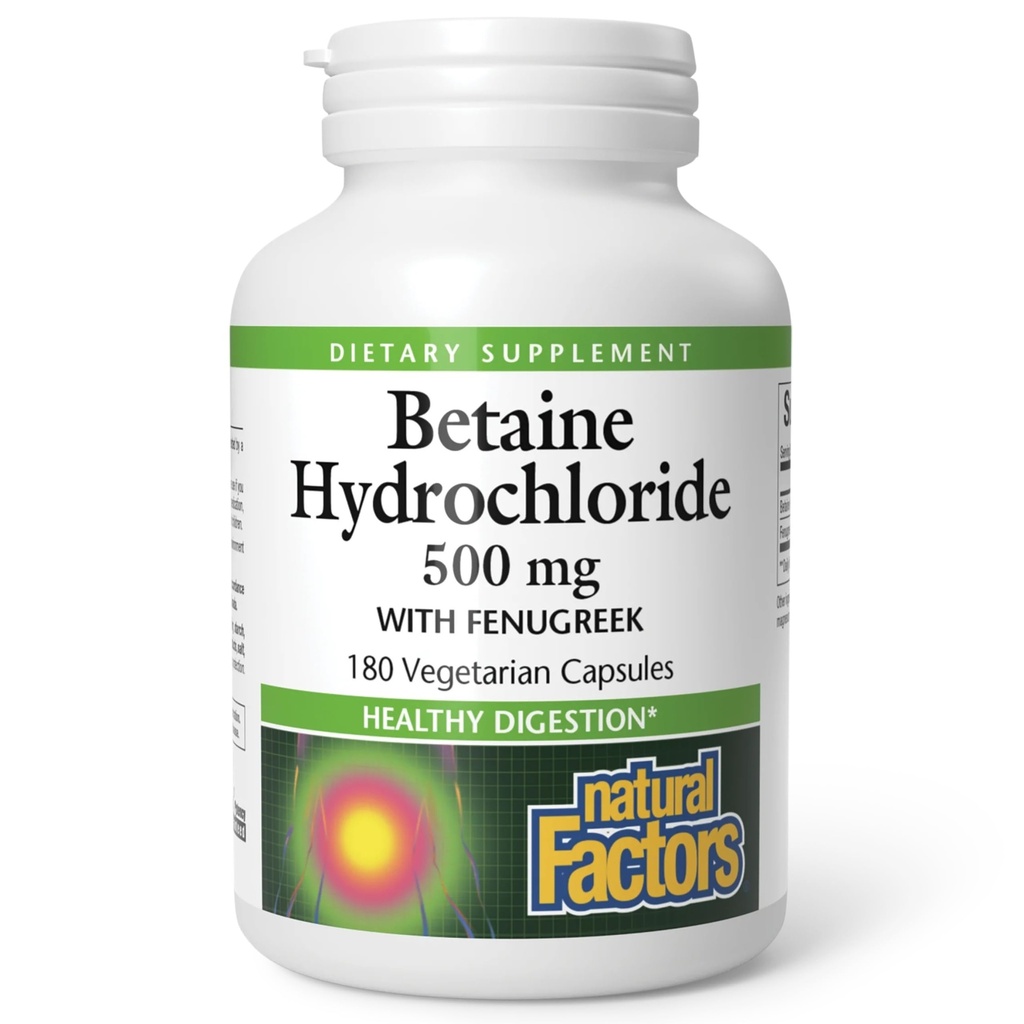 Přírodní faktory, Betaine HCL 500 mg, podporuje zdravé trávení a zdravý mikrobiom, 180 tobolek (180 porcí)