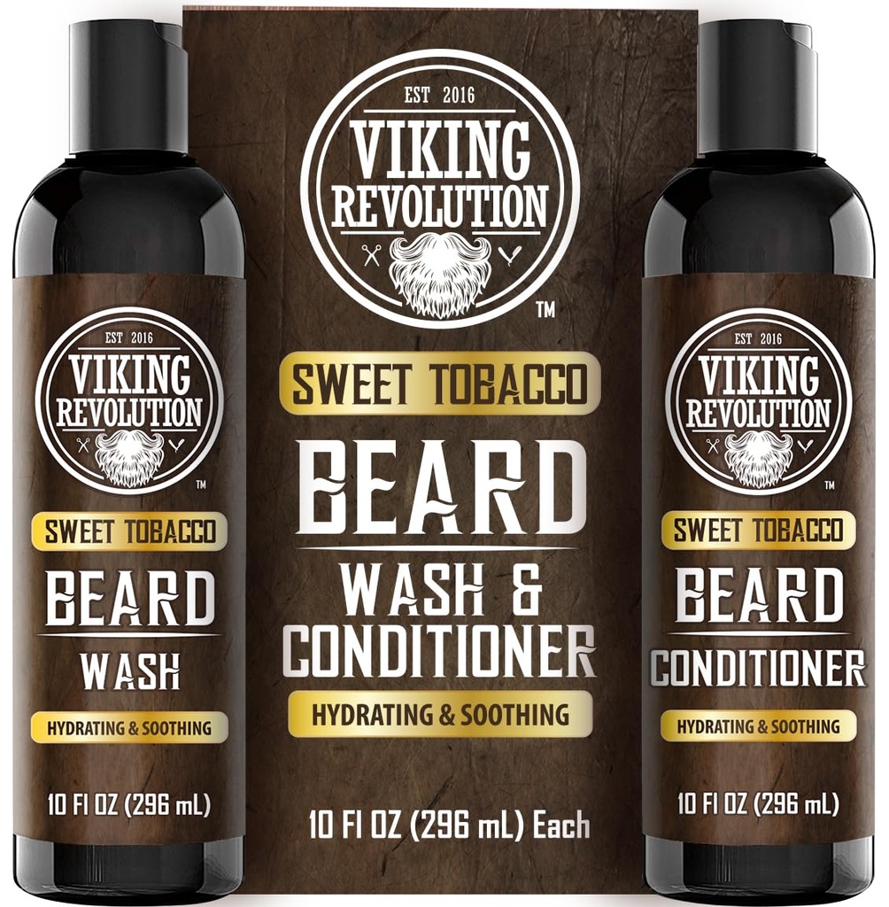 Viking Revolution Beard Wash and Beard Conditioner for Men with Argan Oil and Jojoba Oil - Beard Softtener and Posilovač Beard Care Shampool and Conditioner with Beard Oil (10oz, Sweet Tabák)
