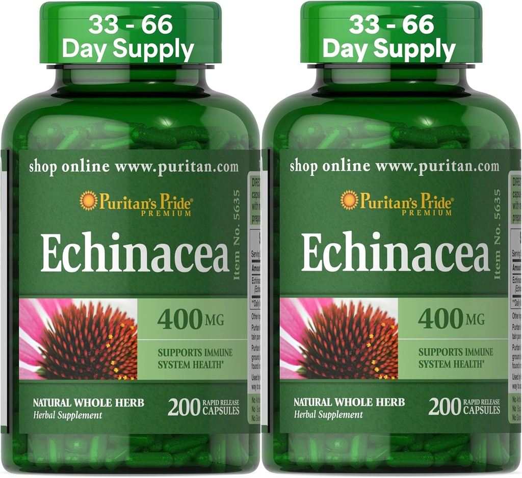 Puritan je Pride Premium Echinacea přírodní celý Herb Bylinný dodatek 400mg, Dietní dodatek pro zdraví, Podpora imunitního systému, 200 Rychlé uvolnění kapsle, 2 Pack