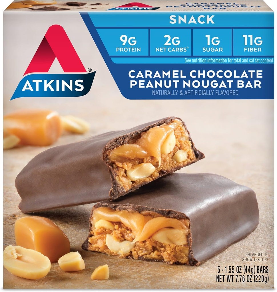 Atkins Karamel Čokoládový oříšek Nougat Snack Bar, Protein Snack, High in Fiber, 2g Cukr, Keto Friendly, 5 Počet