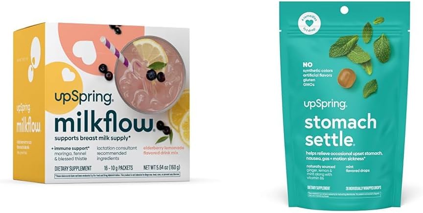 UpSpring Stomach Settledrops, Mint Flavour, 28 Ct + Milkflow Kojení Supplementary Drink Mix s Moringa & Požehnaný Thistle, No Fenugreek current 124; Elderberry Lemonade Flavor 124; 16 Drink Mixes