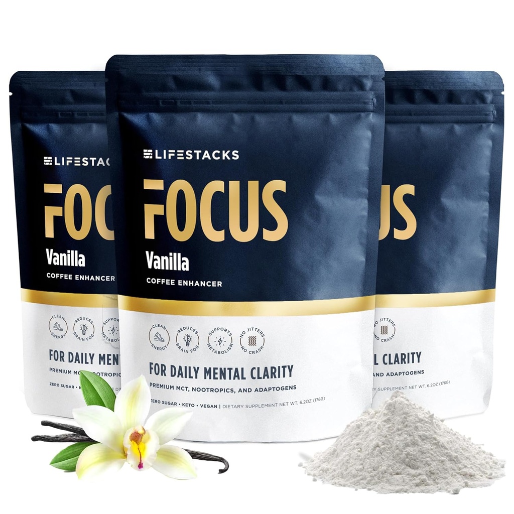 Vanilla MCT Oil 3-Pack - Zvýšení energie a jasnosti - MCT Powder + Nootropics + Adaptogeny pro zvýšení kávy Zkušenosti - Keto, Vegan, 0 Cukr - s Taurin, L-Tyrosin, Rhoddiola & Více