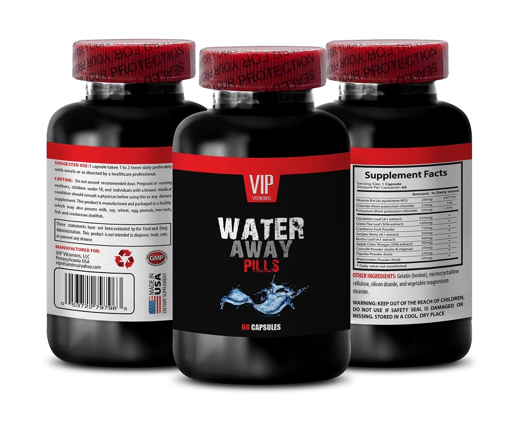 Podpora močových cest - Water AWAY DIURETIC PILLS - Meloun, Pampeliška, Draslík, diuretika pro zadržování vody v nohách a nohou, diuretika pilulky vody, diuretické doplňky, 1B 60 Caps