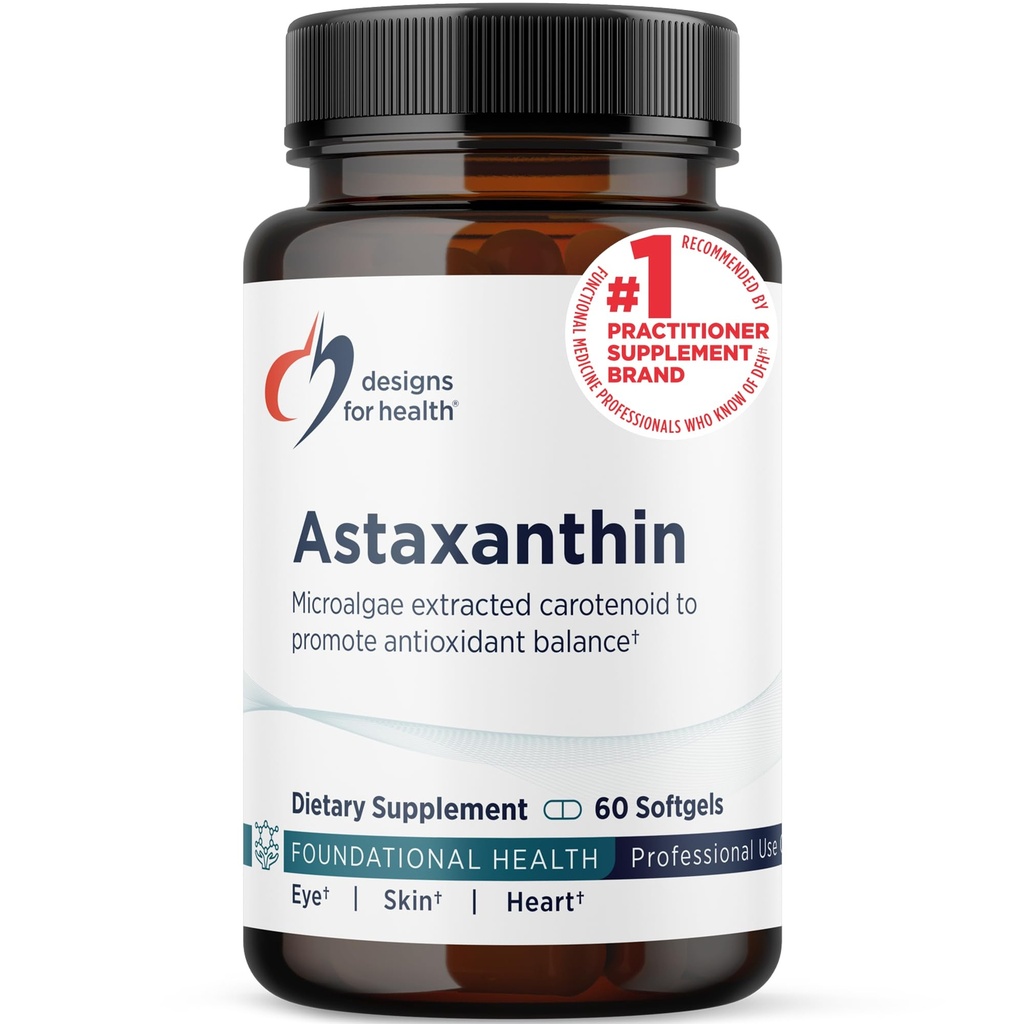Designy pro zdraví Astaxanthin - Mikrořasy (Haematococcus Pluvialis) Extrahované karotenoidní Antioxidant dodatek - Podpora pro kardiovaskulární, GI, kůže + oční zdraví (60 Softgels)