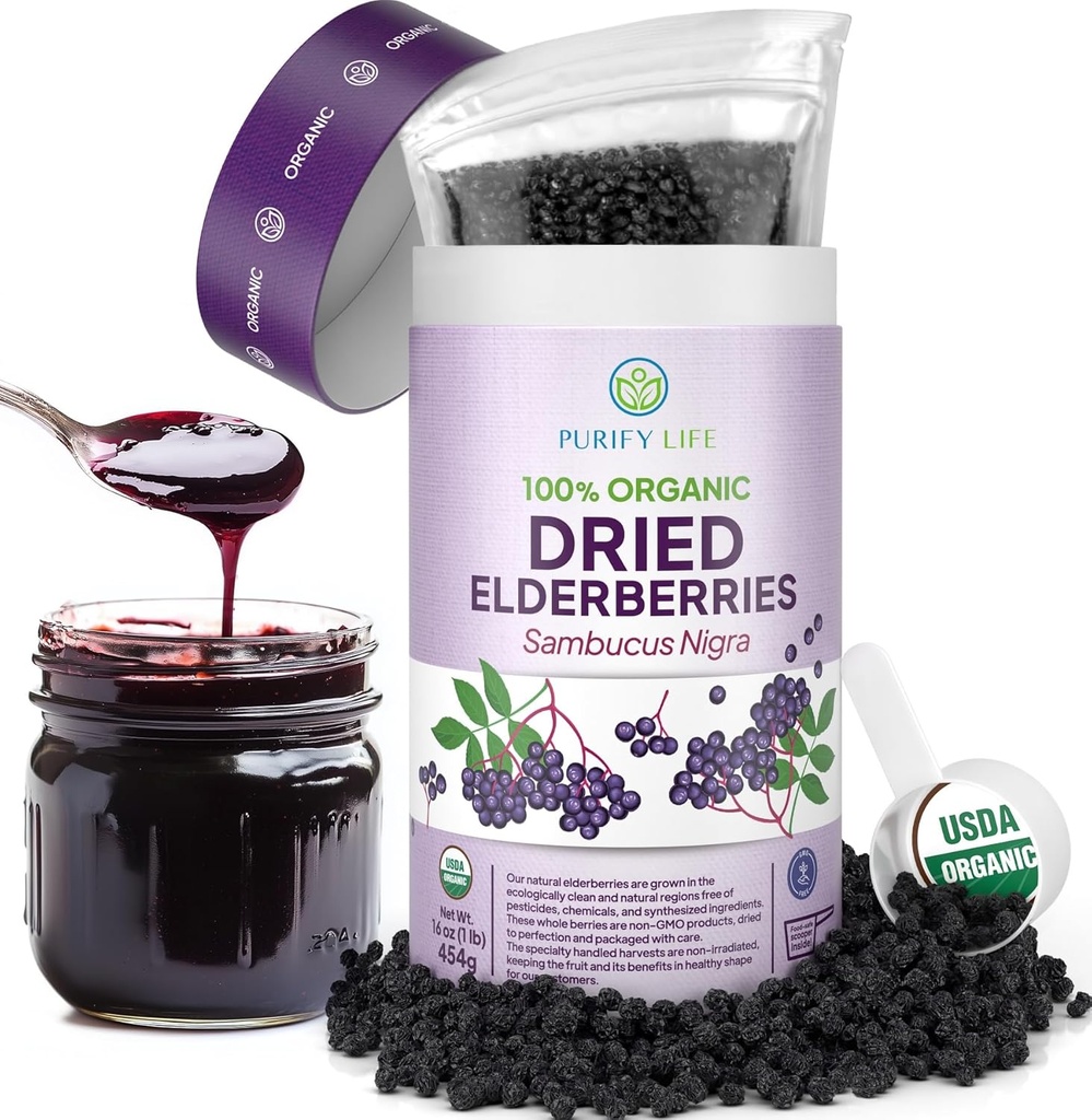 USDA organické sušené bezinky 1lb Bulk (Nejbezpečnější balení, Resealable Bag, BPA-Free Scoop) přírodní, neozářené, Syrové celé černé bezinky, imunitní podpora, Make Sambucus Elderberry Syrup, 1 Libra