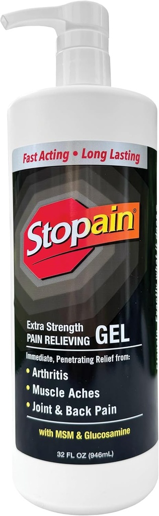 Stopain Pain Relief Gel 32oz, USA Made, Max Strength Fast Acting with Menthol, MSM, Glucosamine for Joint Pain, Back Pain, Artritis, Knee, Neck Pain, HSA FSA Schválené OTC Topical Angesic Product