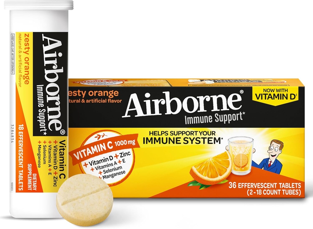 Vitamin C 1000mg (na porci) - Airborne Zesty Orange Effervescent Tablety (36 počítat v krabici), gluten- Free Imunitation Supplement With Vitamins A C E, ZINC, Selen, Echinacea & Ginger