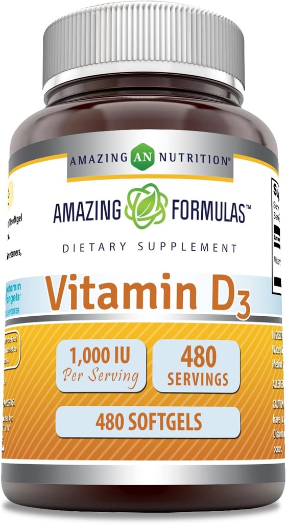 Amazing Appendias Vitamin D3 1000 IU Softgels Dodatek 124; Non- GMO CLANE124; Gluten Free CLANE124; Balení v USA (1 balení 124; 480 Počet)