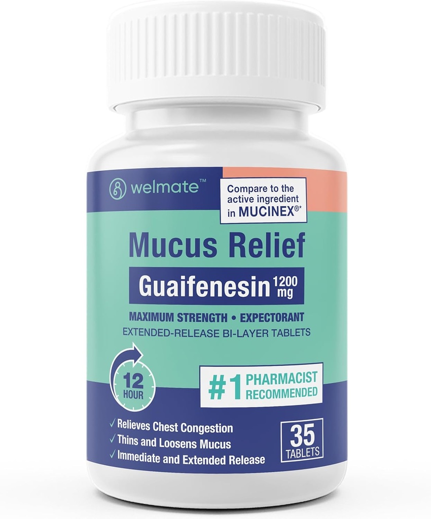 WELMATE - Guaifenesin 1200mg (35 tablet) - Mucus Relief - Expectorant - Kašel & Cold - 12 Hr Support - Extended-Release Bi- Layer Tablety - Over- The- Counter Medication