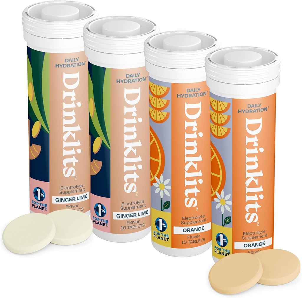 Drinklits Ginger- Lime & Orange Electrolyte Tablety (4) Tube Bundle 124; Daily Hydration Combo Balení 124; Delicious Natural Flavors - 0g Cukr 124; 40 Servings - 10 Tablet per Tube