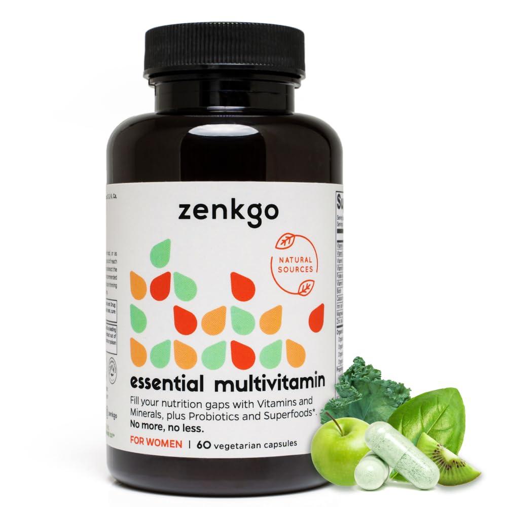 Zenkgo Multivitamins + Organic Whole Foods + Probiotika pro ženy, podporuje imunitu, stravu, energii, Gut Health, Vitamins A, E, B6, B12, Vegan D3, K2 (MK-7), Folát, Minerály, Superfoods (60Ct / 30Day)