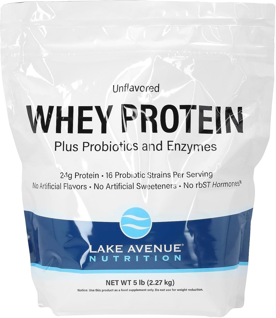 Jezero Avenue Nutrition Syrovátkové bílkoviny Plus Probiotika a enzymy, bez příchutí, 5 liber (2,27 kg)