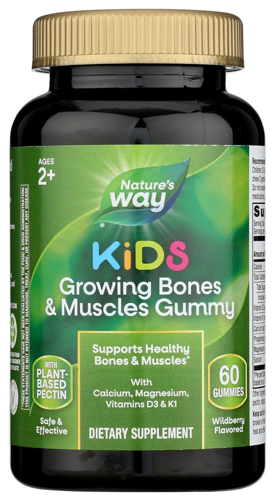 Nature 's Way Kids Growing Bones & Muscles Gummies, Supports Health Bones & Muscles *, Calcium, Magnesium, Vitamíny D3 & K1, Ages 2 +, Wildberry Flaused, 60 Gummies (Balení květen Vary)
