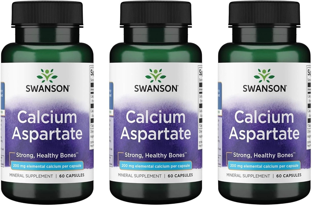 Swanson vápník Aspartate - Bylinný dodatek na podporu kosti, srdce, a svalnaté zdraví - Přírodní vzorec na podporu celkové tělo Wellness - (60 kapsules- 200mg každý) (3 balení)
