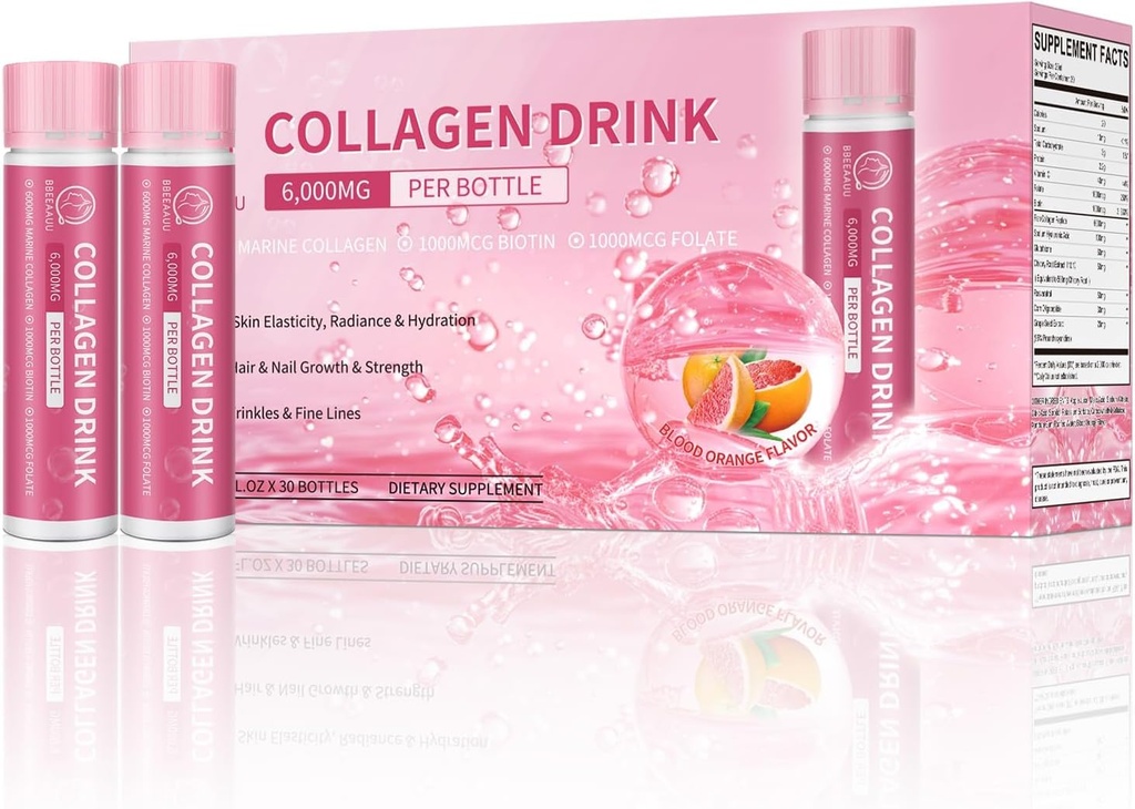 Kolagen Drink s 6000 mg mořské kolagen Peptidy, Tekuté kolagen Střely pro ženy Support Beauty, Kolagen doplňky pro kůži, vlasy a nehty Wellness, 0.85 Fl.Oz (25 ml) x30 Lahve, Krvavý Orange