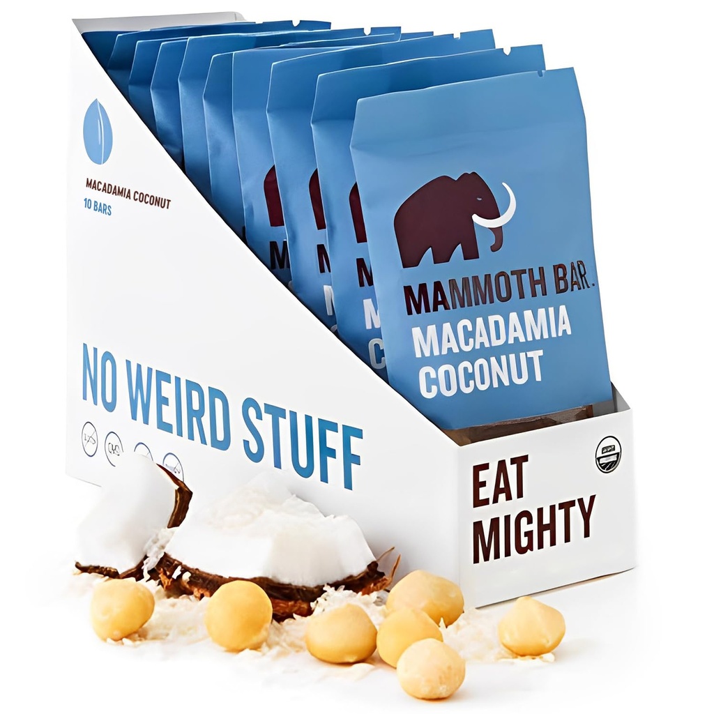 Mamut Bar Macadamia Coconut Bar - 10 Organic Protein Bars - High Fiber • Paleo • Gluten zdarma • Vaječný protein • GMO zdarma • Syrové • Premium Ořechy • Prebiotic