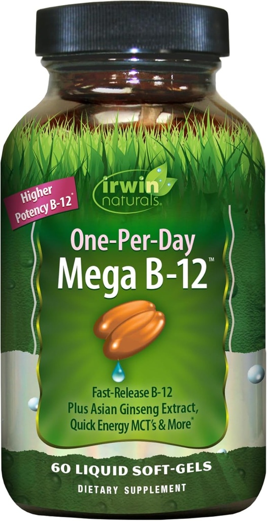 Irwin Naturals Mega B-Complex - 60 Tekuté ponožky - Vitamin B Complex s vitaminem B12, Folate B9, Biotin B7, B1, B2, B3, B5, B6, a Rychlé energetické MCTs
