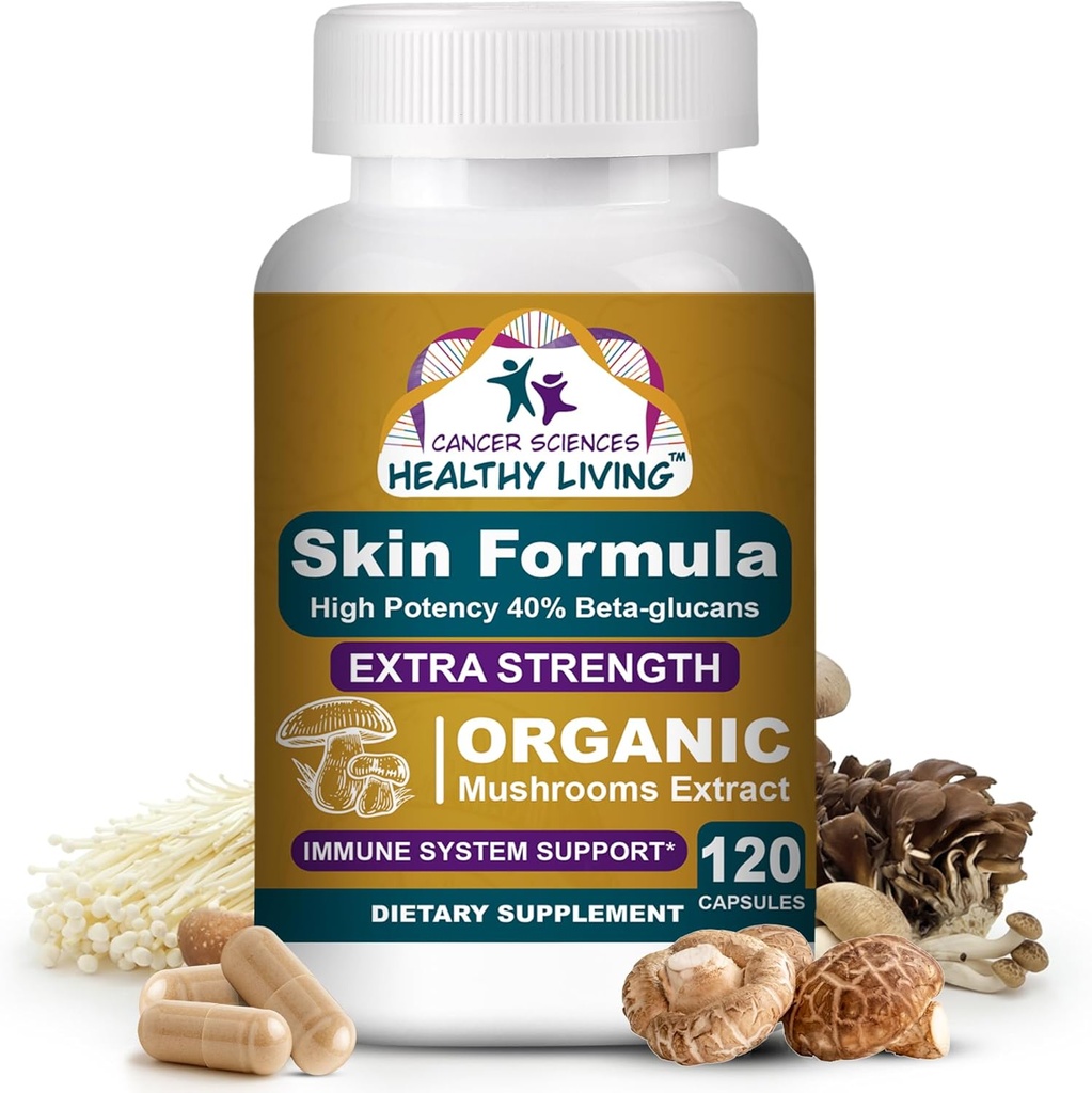 Cancer Sciences Skin Wellness Supplement, USDA Certified Organic Extract Houby Dodatek, Extra síla 1500 mg, High Potency 40% Beta- Glucans, Imunitní podpora, Glowing Complexion, 120 Kapsle