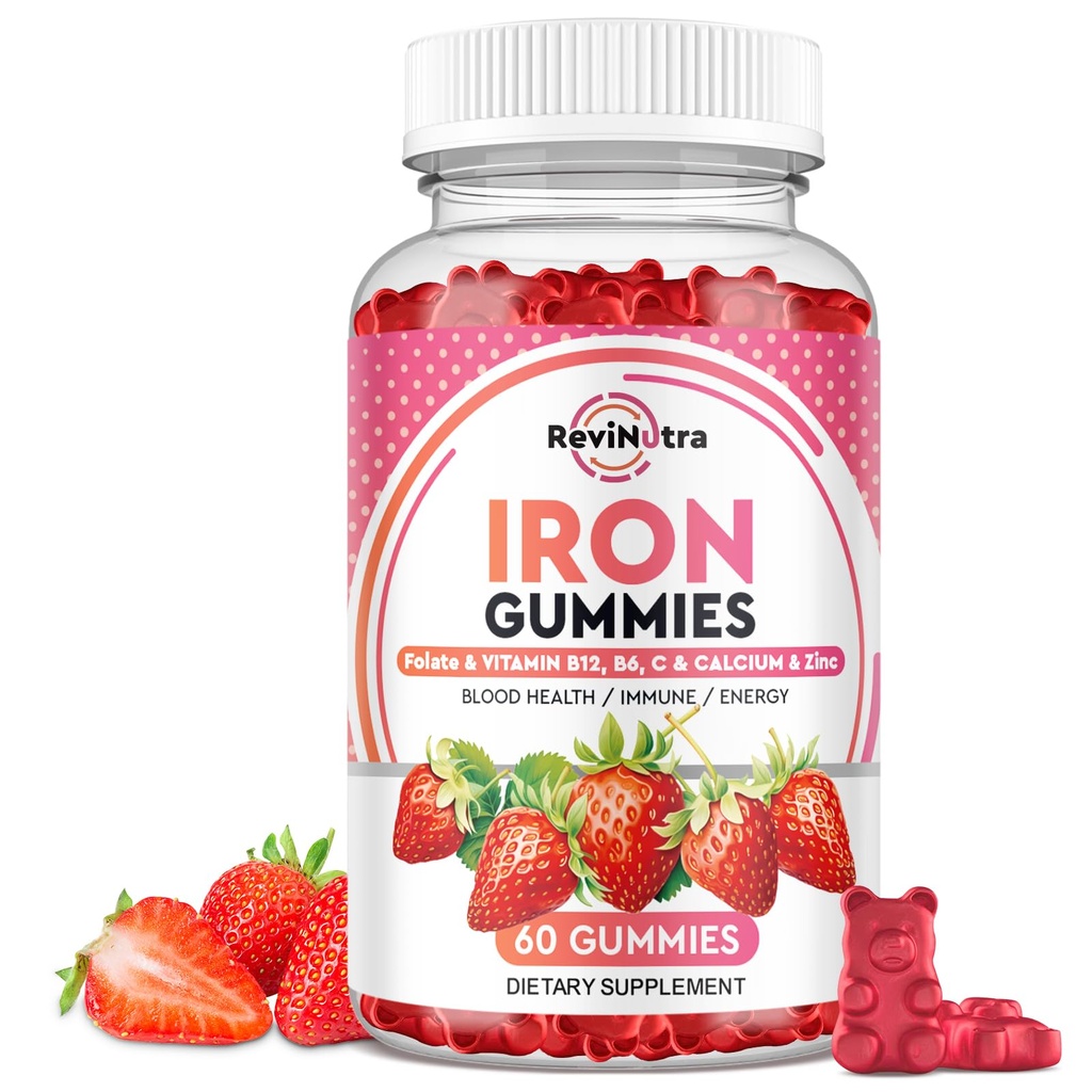 Železné gumy - s vápníkem, zinek, folát a vitamín B12, C, B6 pro dospělé a děti - Krevní stavitel a energetická podpora pro nedostatek železa, anémie, Vegan - 60 gumy