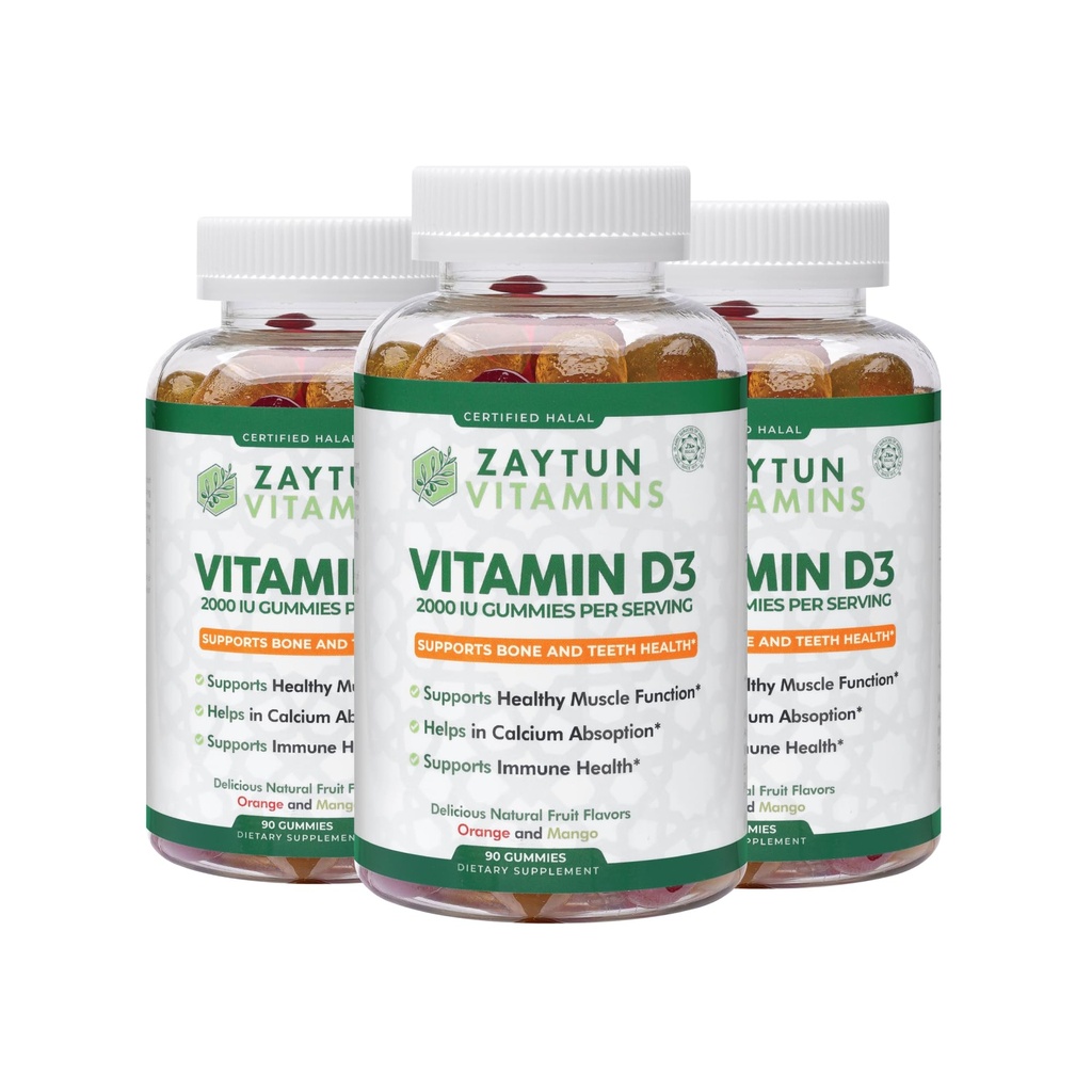 Zaytun Halal Vitamin D3 2000 IU gumy, podporuje kostní a imunitní zdraví, podporuje svalové funkce, gluten a želatina zdarma, (3- Pack) - Made in USA