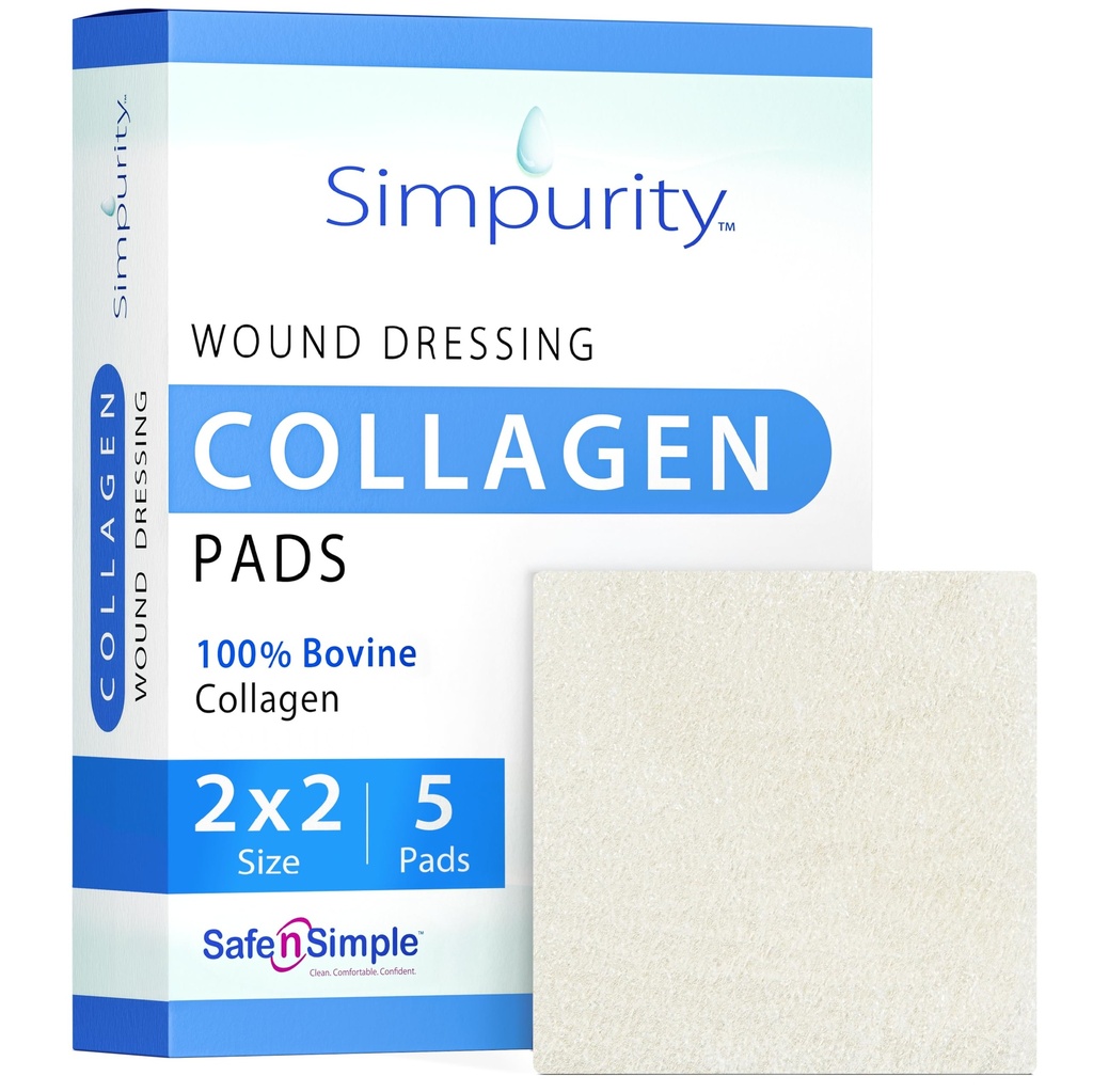 Collagen Dressing Pads - 2 "x 2" 5 Count Collagen Pads for Wounds - Non-Adherent Collagen Dressing for Wound Care - Safe n 'Simple Wound Care Supplies