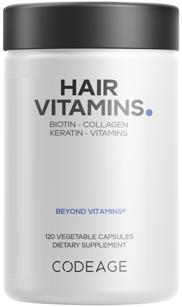 Kodeage Vlasové vitamíny 10000 mcg Biotin, Keratin, Kolagen, Vitamin A, B12, C, D3, E, zinek, kurkuma, Probiotika, Enzymy, Inositol - Podpora péče o vlasy - Zdravé doplňky vlasů pilulky - 120 Kapsle