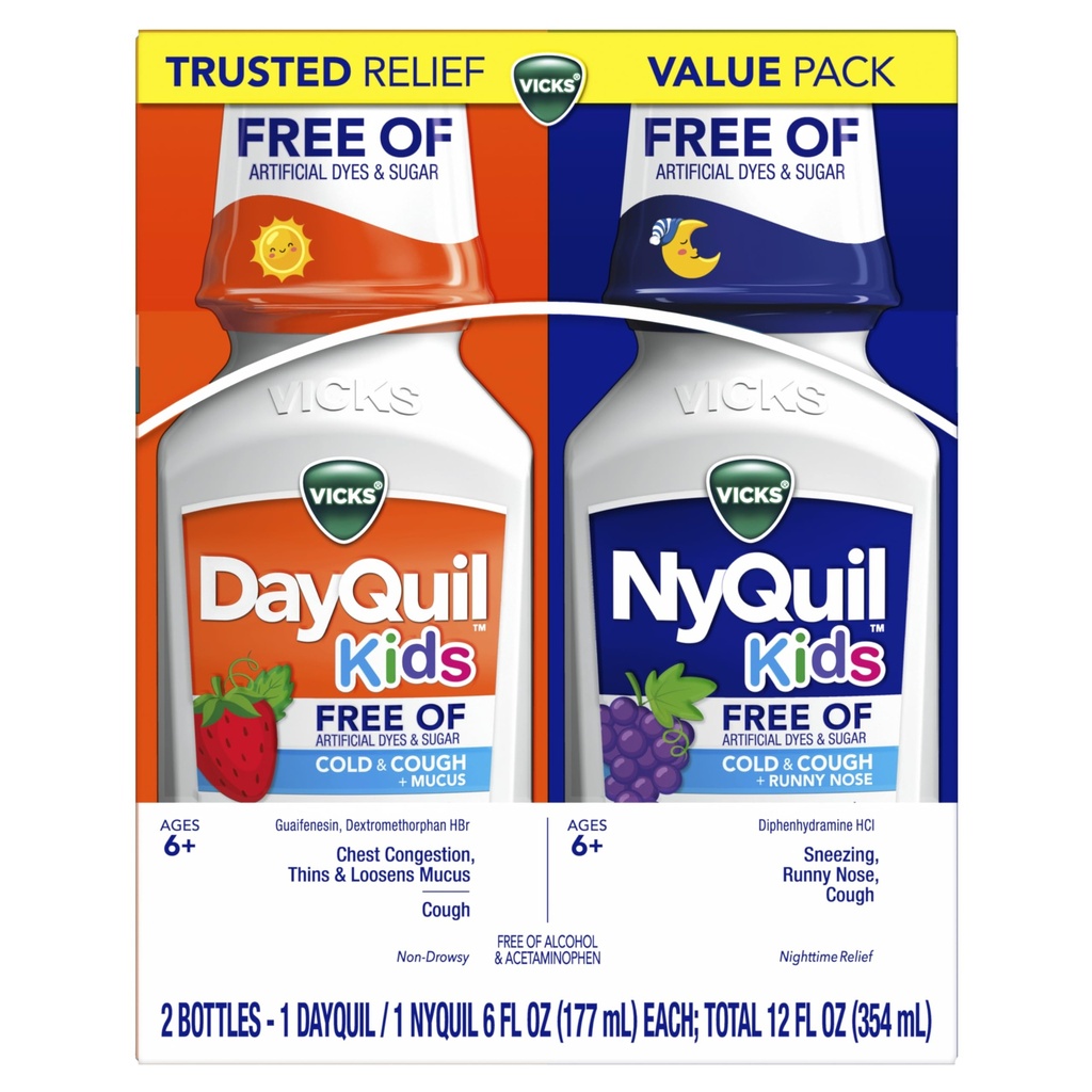 Vicks Kids DayQuil & NyQuil Coal & Cough Relief Liquid Co-Pack, Free of umělé barvy & Sugar, Multi- Symptom Relief of Cough, Nuzing, Runny Nose, Mucus, a Chest Congestion, pro věky 6 +, 2x6oz