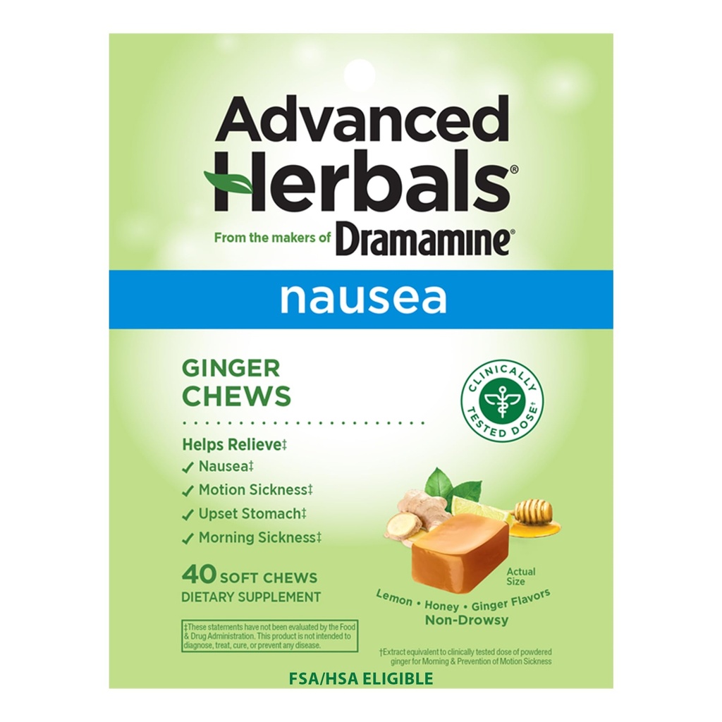 z The Makers of Dramamin, Advanced Herbals, Ginger Chews, Nausea Relief Soft Chews Lemon-Honey- Ginger, 40 Počet