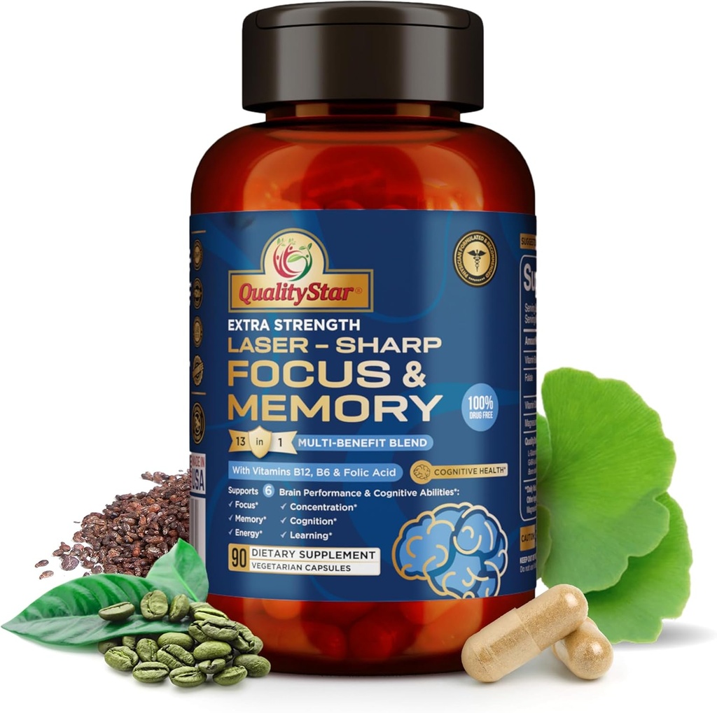 Focus and Memory Vitamíny, 13-in1 Multi- Benefit Směs pro kognitivní a zdraví mozku, Doplněk paměti pro mozek, 90 Vegetariánské kapsle