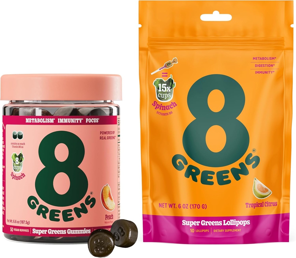 8Green Daily Green Gummies and Lollipops, Energy & Imunitation Support, Gluten- Free, Vegan, Non- GMO, No umělé barvy & Flavors