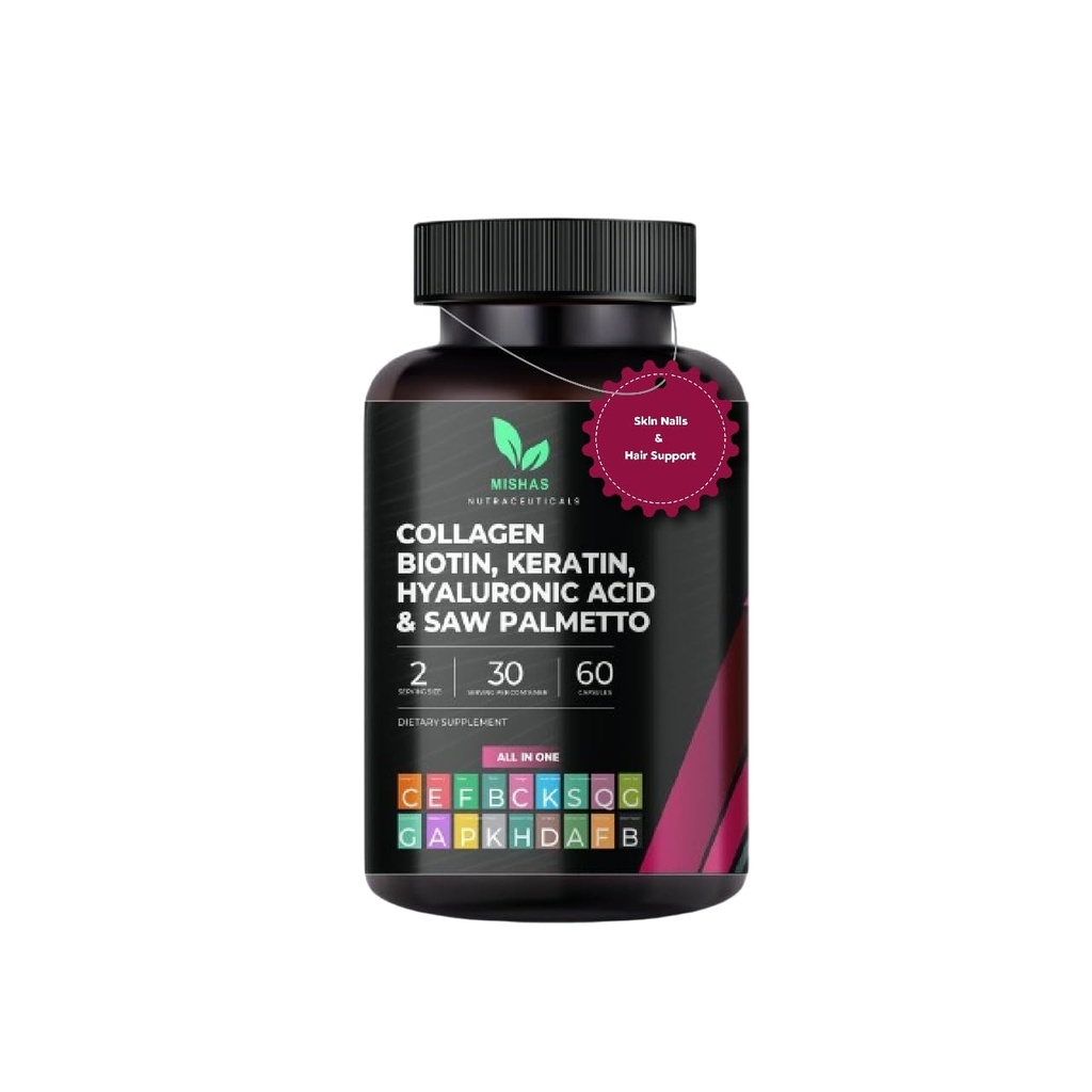 Multi kolagen vlasové pilulky - Biotin 10,000mcg, Keratin & Hyaluronic Acid - Vlasový růst - Vlasové kůže a nehty Vitamíny & DHT Block - Vitamin E Kyselina listová Dýňové semeno MSM, Saw Palmetto 60 Vegan Kapsle