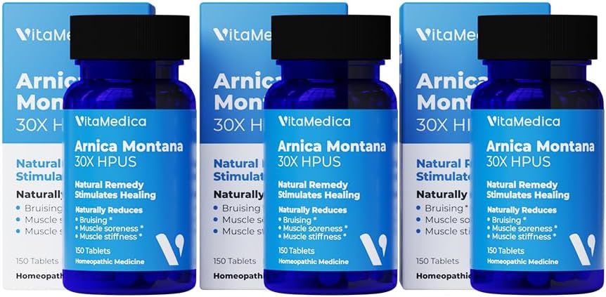 VitaMedica Arnica Montana 30X Homeopatické tablety pro modřiny bolesti a otoky 124; Plant based Formule 124; Doporučeno Plastové chirurgy 124; Přírodní zotavení Chirurgie nebo zranění 124; 3 Balení 124; 150 Služeb