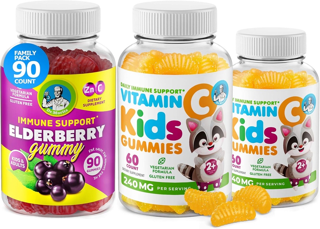 Dr. MORITZ Vitamin C Gummies a Elderberry Gummies pro děti a dospělé - Imunitní podpora Low- Cukr Žvýkačky Vitamíny pro Toddlers - Vegetarian Gelatin- Volný dětský dietní dodatek