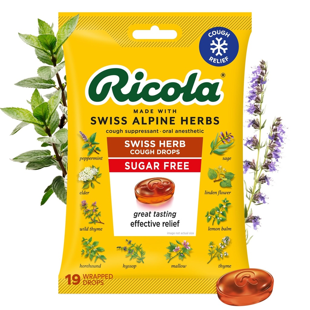Ricola Cukr Volný švýcarský Herb kašel Kapky, 19 Počet, Kašel Suppressant & Hrdlo Relieving Kapky s přirozeně sourced menthol, Pleasing Chuť pro kašel & Krční podráždění Symptom Relief