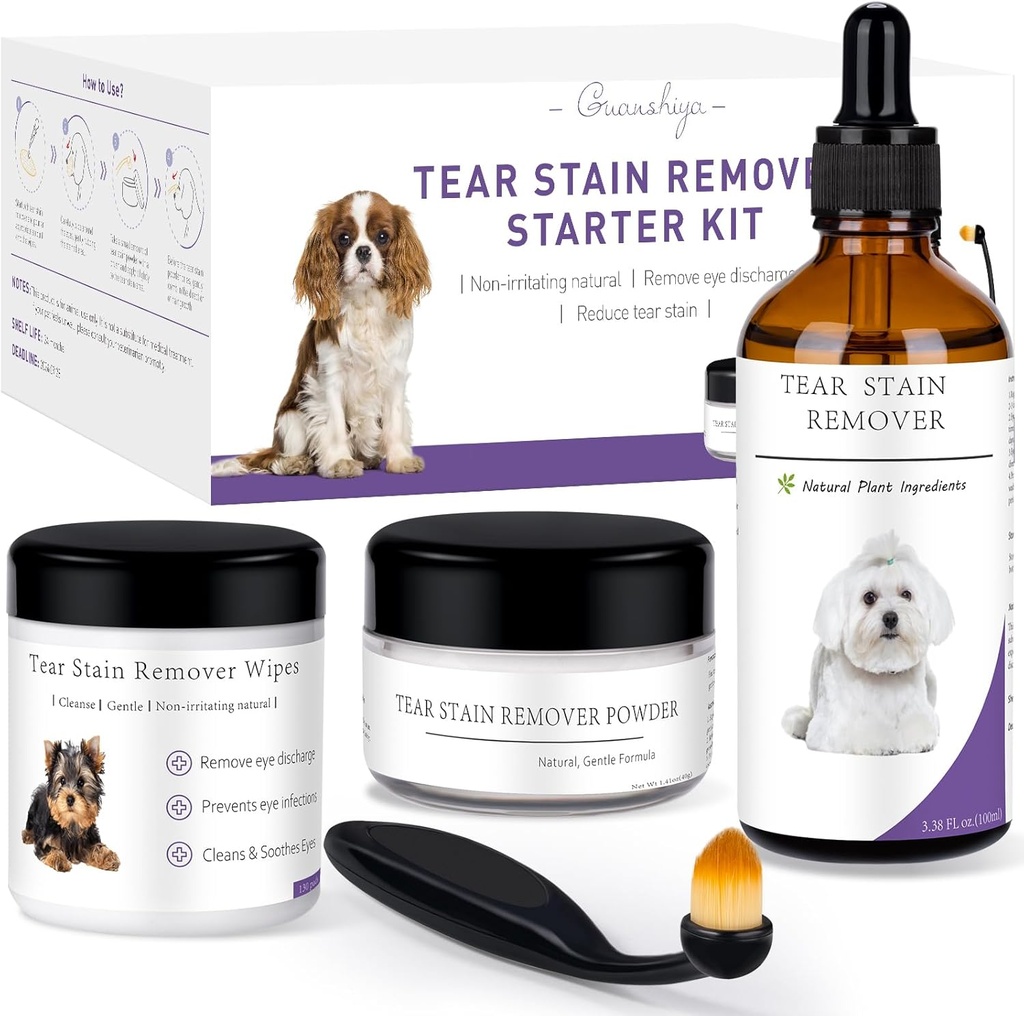 Pes Tear Stain Remover Starter Kit, s Witch Hazel Extract, Odstranit Tear Stains, Vypustit & Mucus, zahrnuje Sat řešení, Použitelné Wipes, Sat Powder & Brush, Trvalé 30- 45 dní