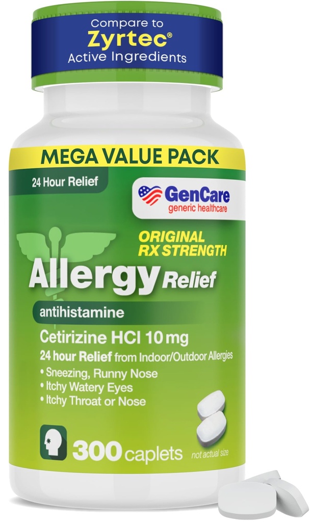 GenCare - Cetirizin HCL 10 mg (300 kapslí) - 24 hodinová antialergie Relief pilulky - Non Drowsy Genericky OTC alergie Medikace - Antihistaminika pro vyžírání, Runny Nose & Itchy Eyes - Generic Zyrtc
