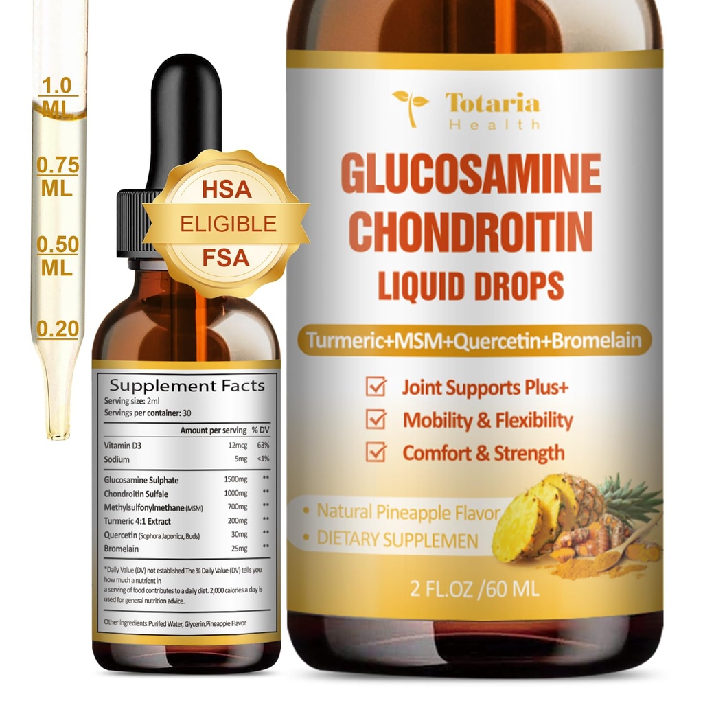 Glucosamine Chondroitin MSM Liquid Drops FSA-HSA - Dodatek pro společnou podporu mobility, flexibility a kosti Chondroitin Sulfát dodatek Turmeric, Quercetin, Bromelain, MSM Oil 2 FL.OZ