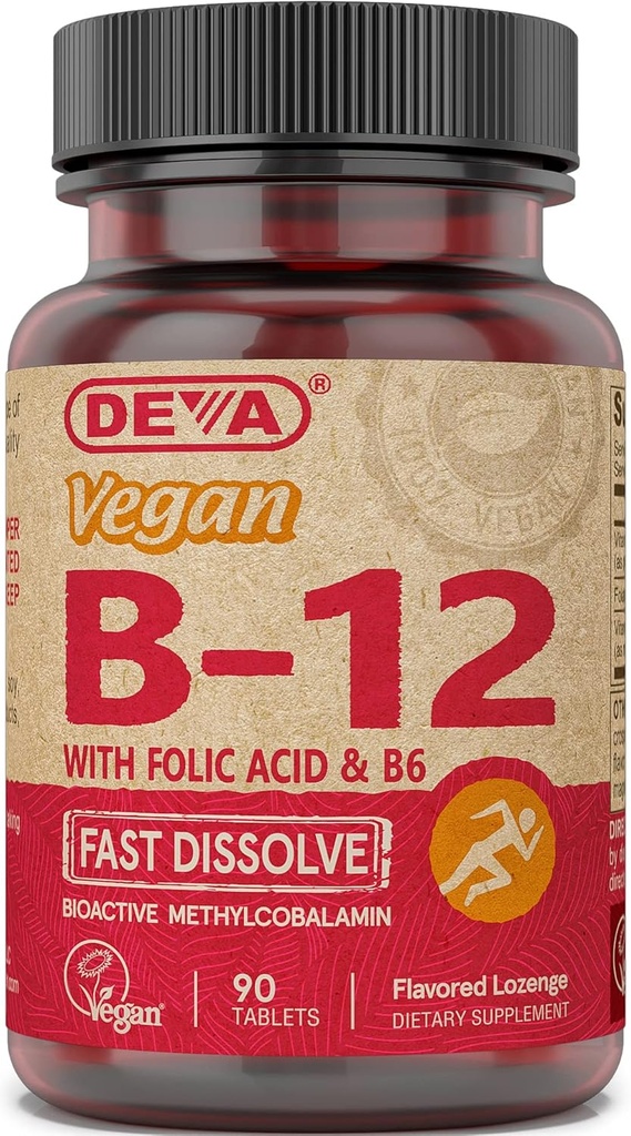 Deva Vegan vitamin B12 doplněk pro rychlé rozpuštění - Once- Per- Day Complex s 1000 Mcg methylkobalamin B12, kyselina listová, B6 - Lemon Flavor - 90 Rozpustné tablety, 1-Pack