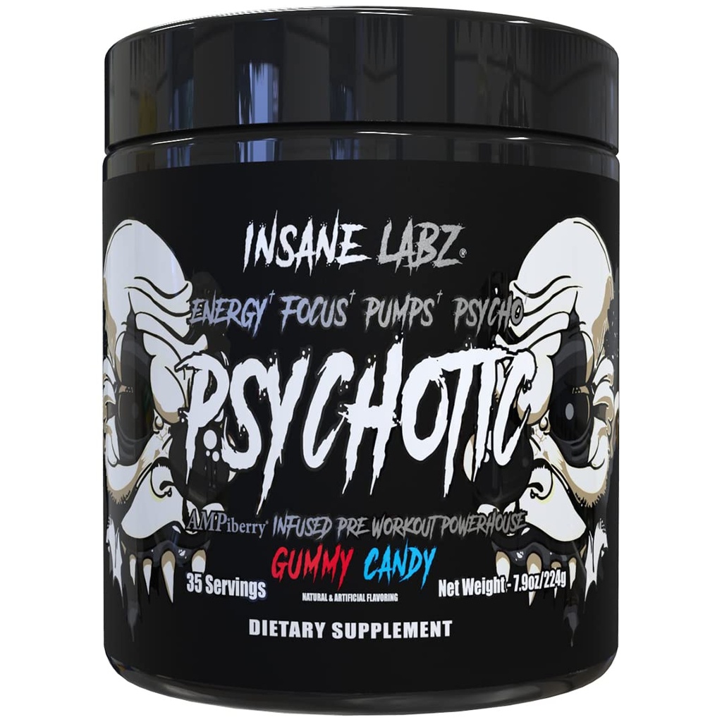 Šílený Labz Psychotic Black Edition Mid Stimulant Pre Workout Powder, Energy Focus čerpadla, Naložené s creatine Beta Alanine Tauine Fueled by AMPiberry, 35 Služeb (Gummy Candy)