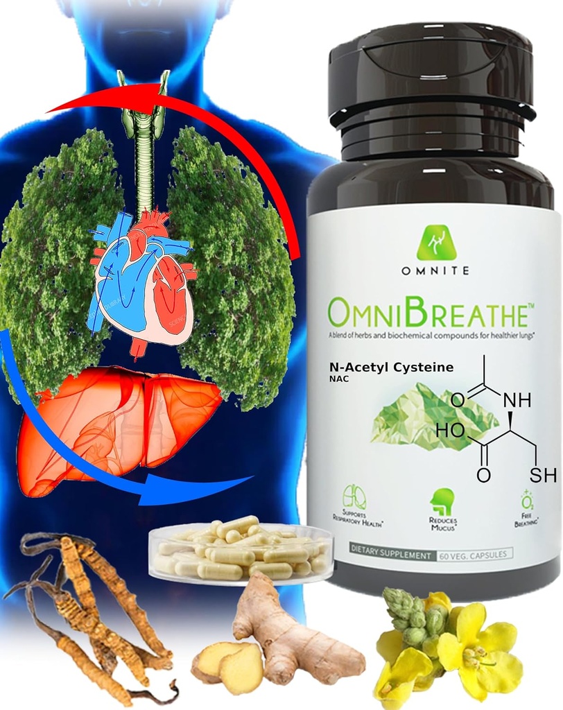 OMNIBREATHE - Rychlé zlepšení dýchacích problémů NAC 600MG Vědecky ověřené w. Quercetin / Mullein / Coq 10 / Ginger / Stinging Nettle / Bromelain, 3 krát w. Meal (10- Day Supply to Boost)