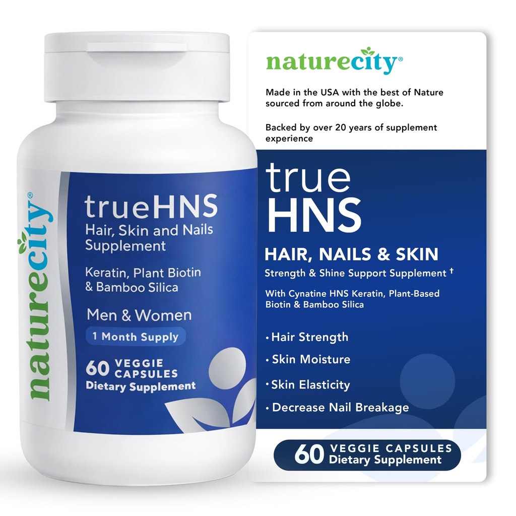 NatureCity True- HNS Vlasové hřebíky a kůže Cynatine Keratin a rostlin na bázi biotin vitamin dodatek 124; Fuller a silnější vlasy a nehty 124; Non GMO accord124; 60 Veggie Kapsle